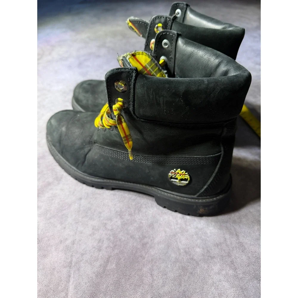 Timberland 6 Inch Premium Black Nubuck Yellow Plaid Boots Mens 10 M A28Q8